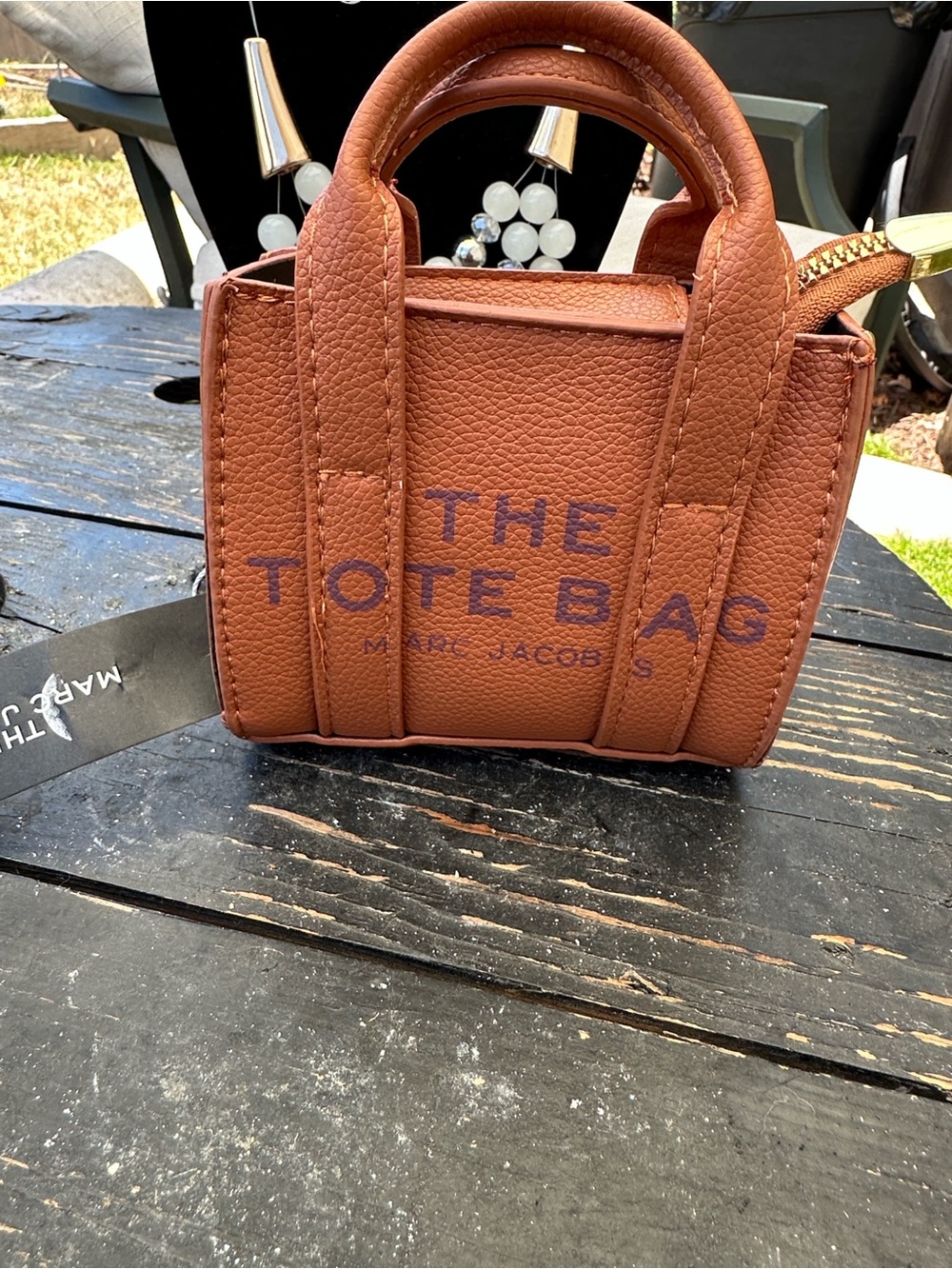 Marc Jacobs Mini The Tote Bag in Chestnut Brown with Navy Logo